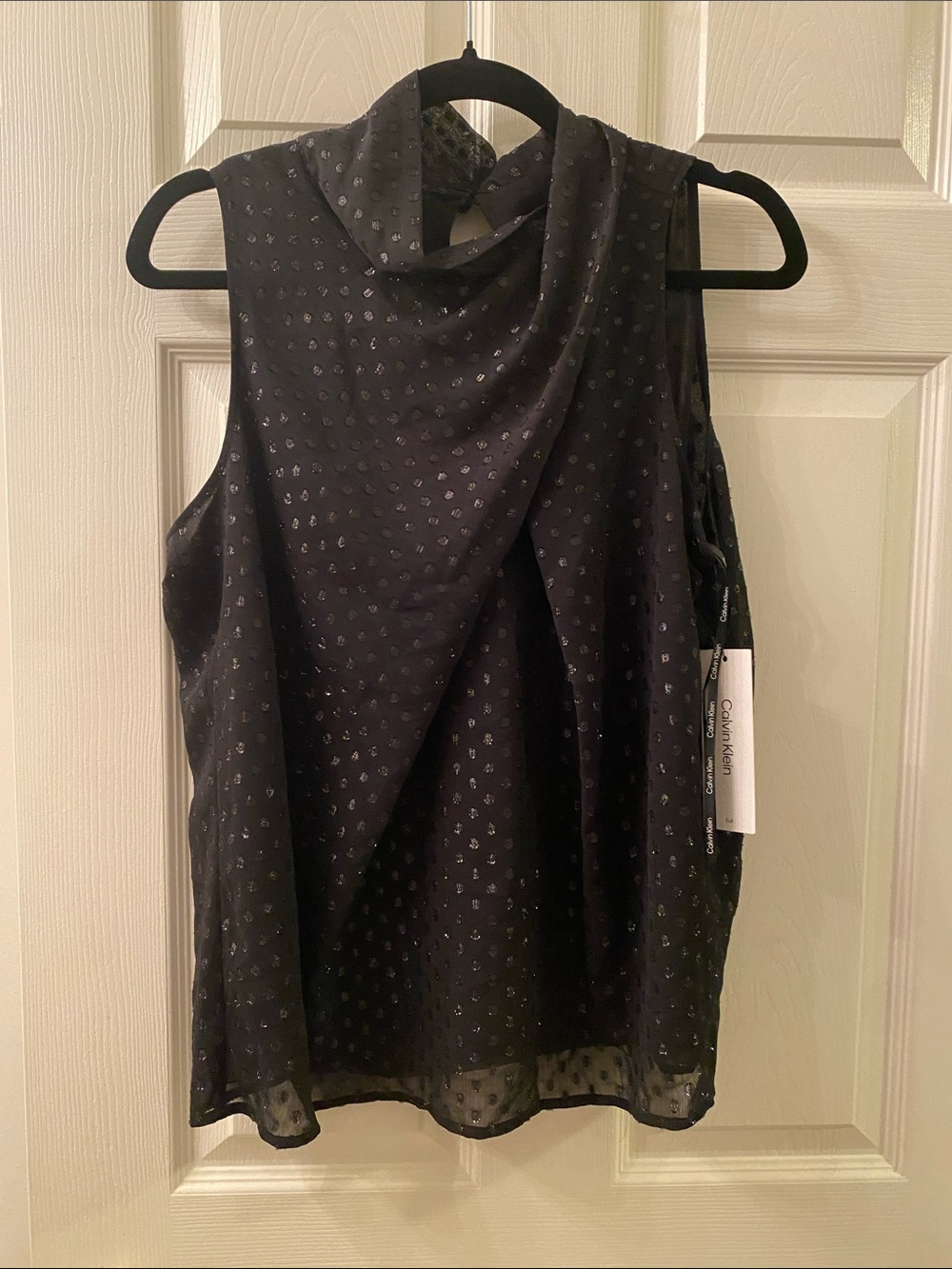 Calvin Klein Black Sleeveless Metallic Dot Draped Neck Top
